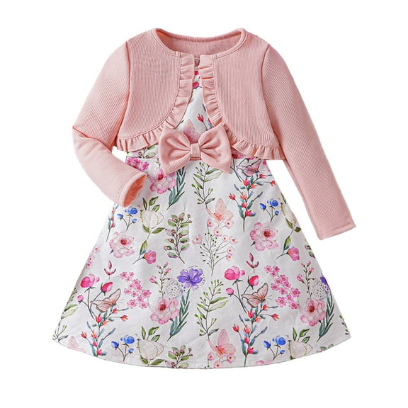 Wxolcjlv Toddler Girls Outfit Sets Girl Flowers Print Long Sleeved Top Coat Sleeveless Bowknot Dress Two Piece Set,2-Piece,Size 6M-4Y