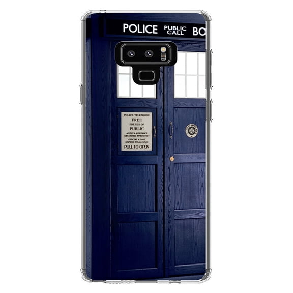DistinctInk Clear Shockproof Hybrid Case for Samsung Galaxy Note 9 - TPU Bumper, Acrylic Back, Tempered Glass Screen Protector - TARDIS Police Call Box