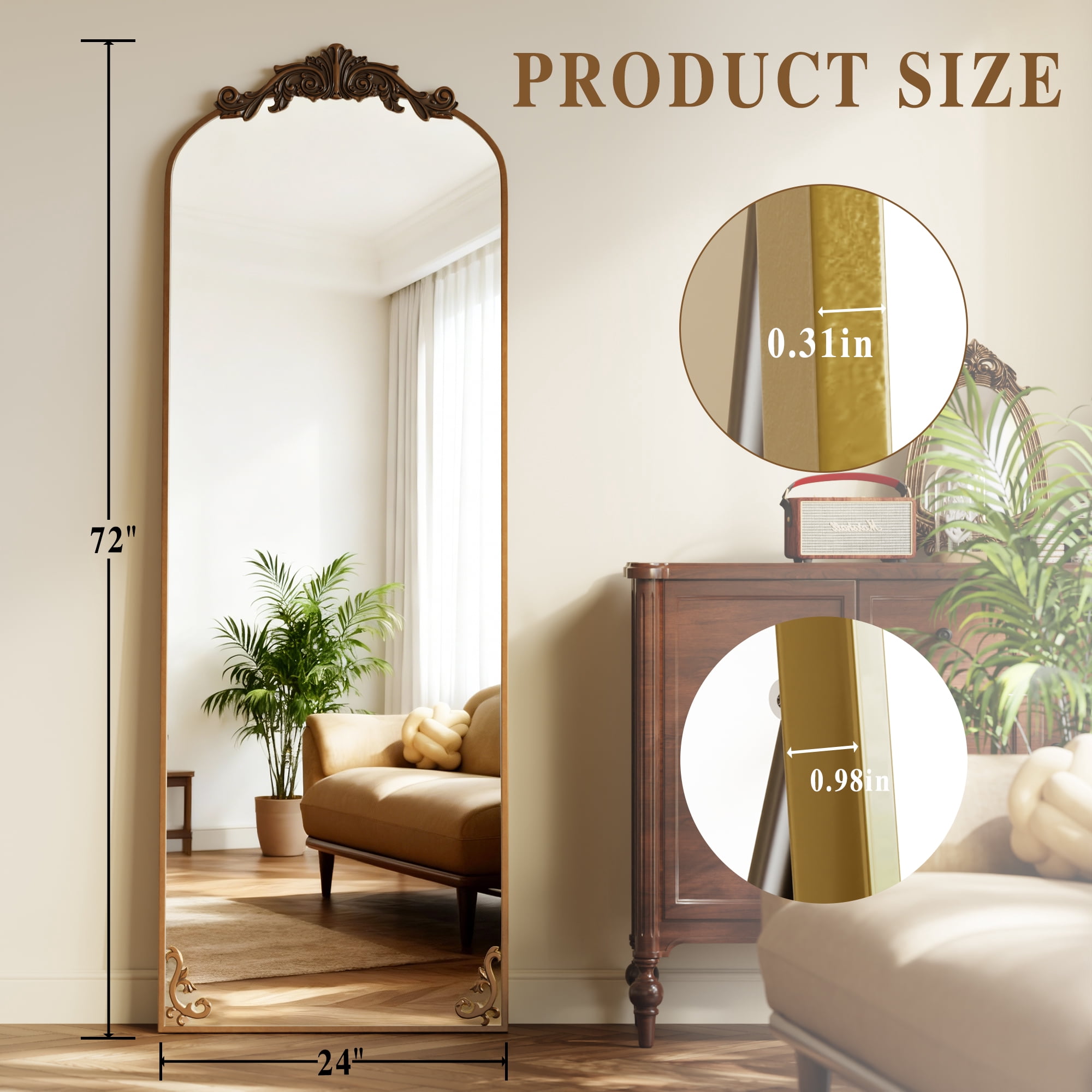 Mirstory 70"x 24" Arched Full Length Mirror Baroque Vintage Mirror with Carved Metal Frame, Antique Bronze