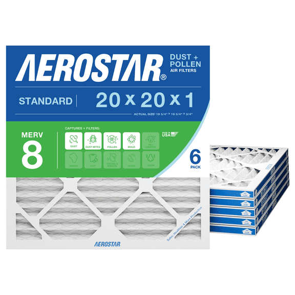 Aerostar 20x20x1 MERV 8 Pleated Air Filter, 6 Pack, Furnaces Filter, HVAC Filter