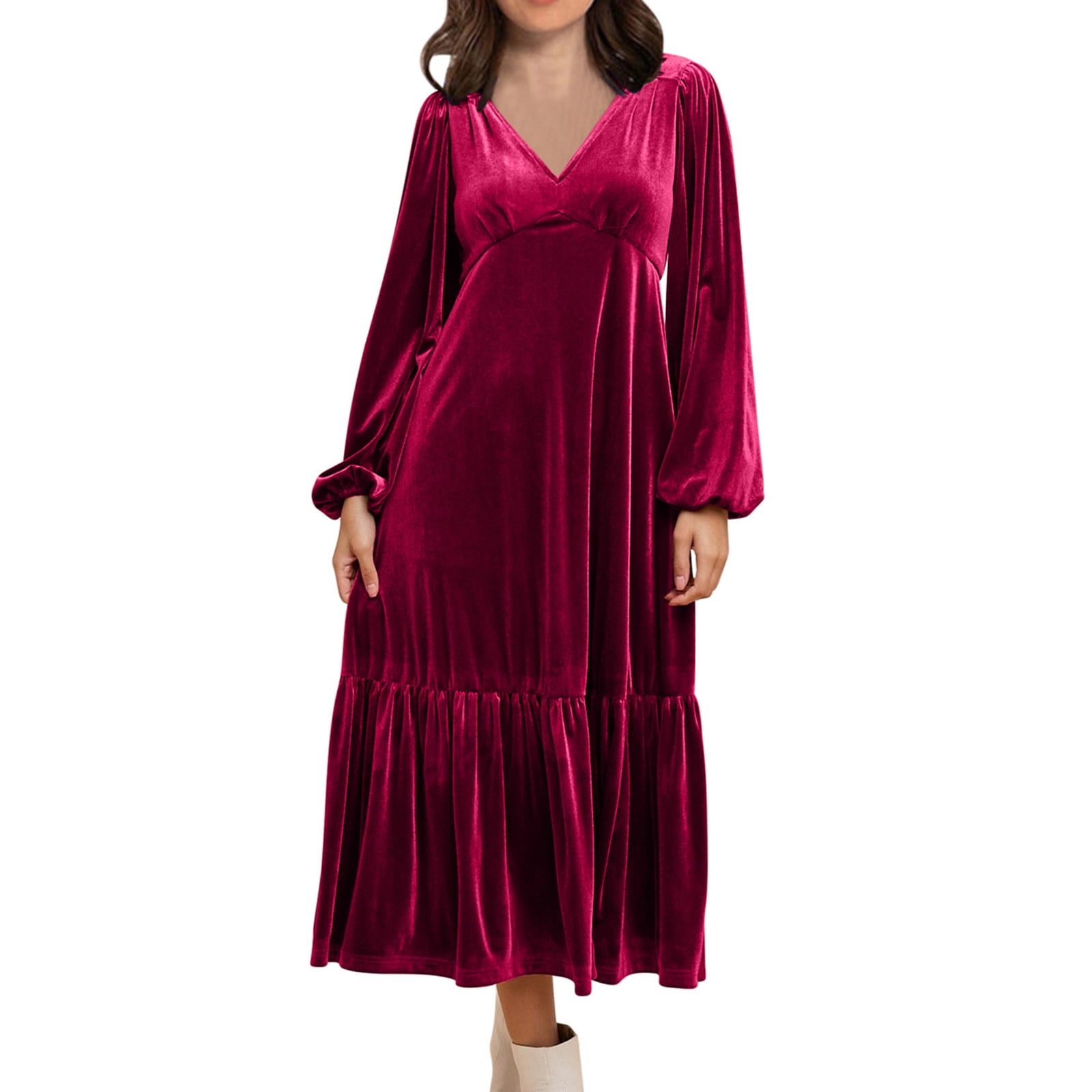 OSFVNOXV Maxi Dresses for Women Fall High Waist Lantern Sleeve Velvet Dress V-Neck Bodycon Tiered Flowy Long Cocktail Wedding Dating Dress