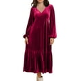 thumbnail image 2 of Blczomt Flowy Womens Holiday Dresses 2025 Midi Long Sleeve Velvet Red A Line Soft Plus Size V Neck Dresses, 2 of 7