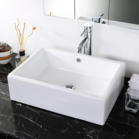 Aquaterior Rectangle White Porcelain Ceramic Bathroom Vessel Sink Bowl Basin with Chrome Drain and Overflow