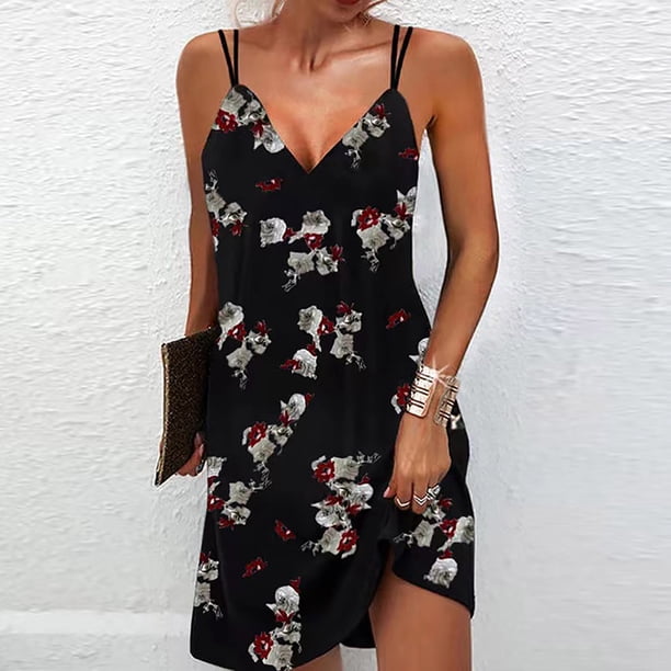 Puntoco Vestidos Mujer Verano Sin Rastro V-Cuello Impreso Doble Hombro Tirante Falda Vestido De Mujer