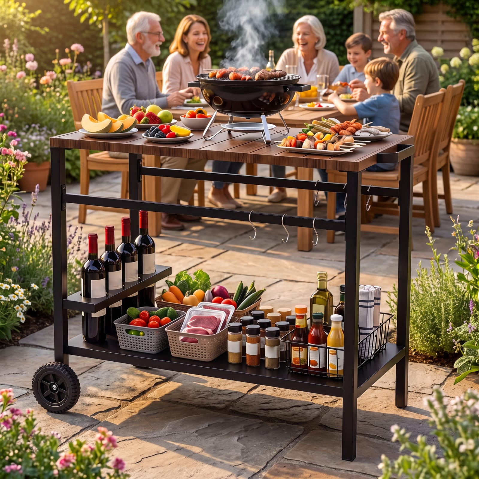 Furnibear Outdoor Grill Cart with Spice Rack and Hooks for Patio and Garden for Kitchen Dining Home Rolling Utility Serving, Brown