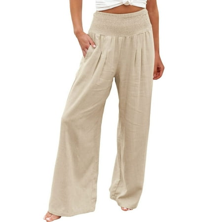 

Casual Pants for Women High Waist Wide Leg Palazzo Lounge Pants for Women Smocked Elastic Waist Loose Comfy Casual Pajama Pants Pockets Cotton Linen Beige