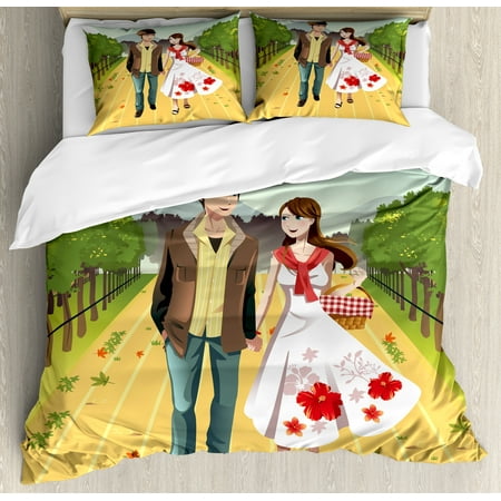- Boyfriend Queen Size Duvet Cover Set, Illustration of a Joyful Young Couple Walking in a Vineyard in Spring Season, Decorative 3 Piece Bedding Set with 2 Pillow Shams, Multicolor, by Ambesonne