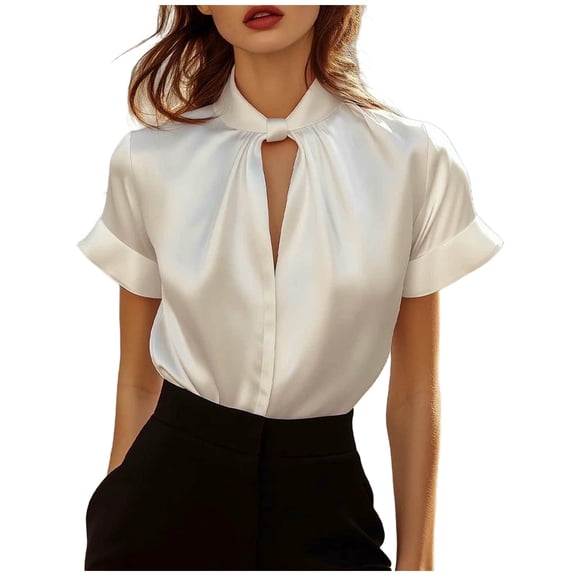 SELONE Womens Blouses Business Casual Deep V Neck Short Sleeve T Shirts Buttons Satin Loose Casual Tops Solid Summer Wear