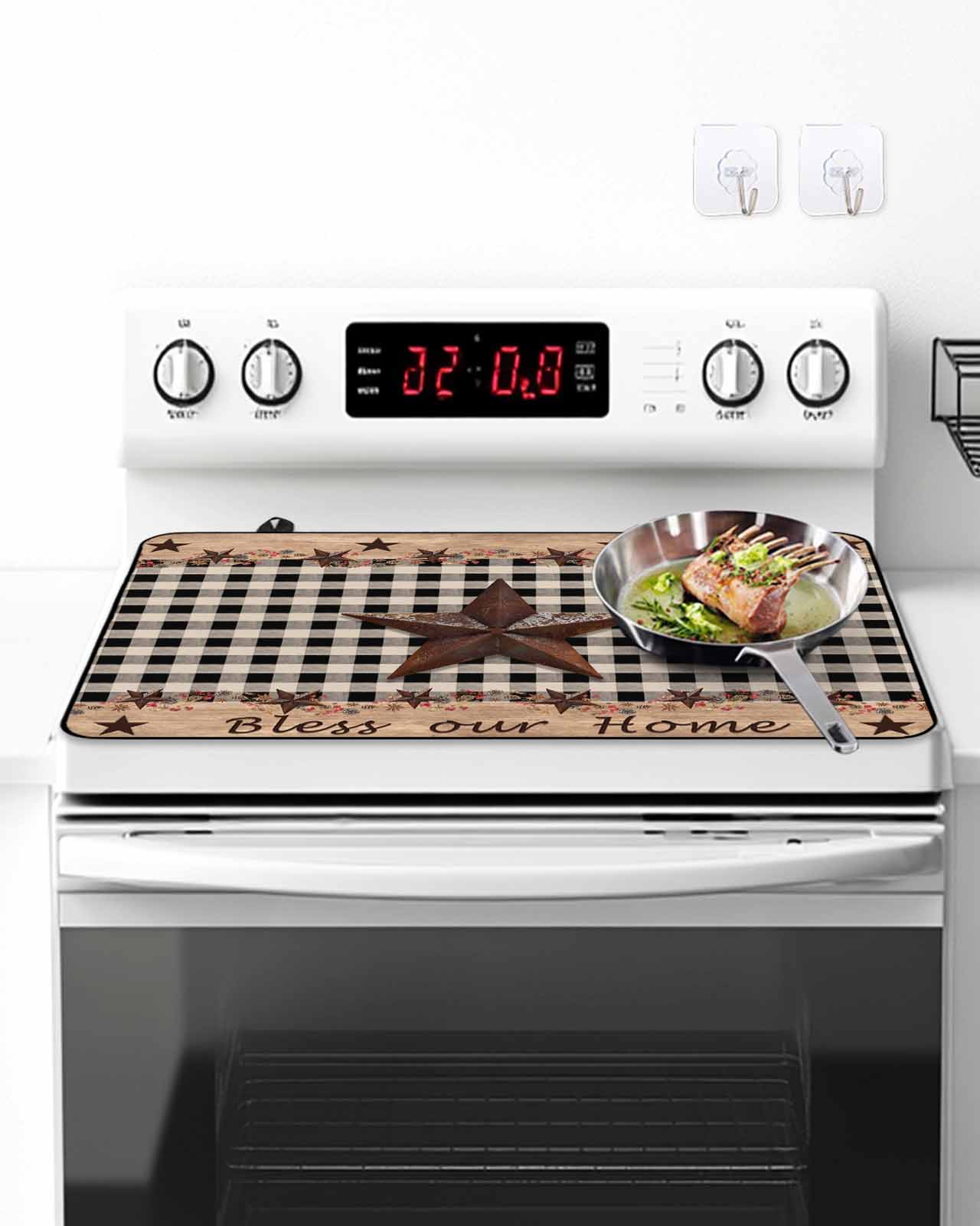Country Star Stove Top Covers for Electric Stove, 28'x20'' Farmhouse Texas Star Vintage Black Plaid Glass Ceramic Stove Cover Foldable Rubber Mat Heat Resistant Cooktop Protector for Kitchen