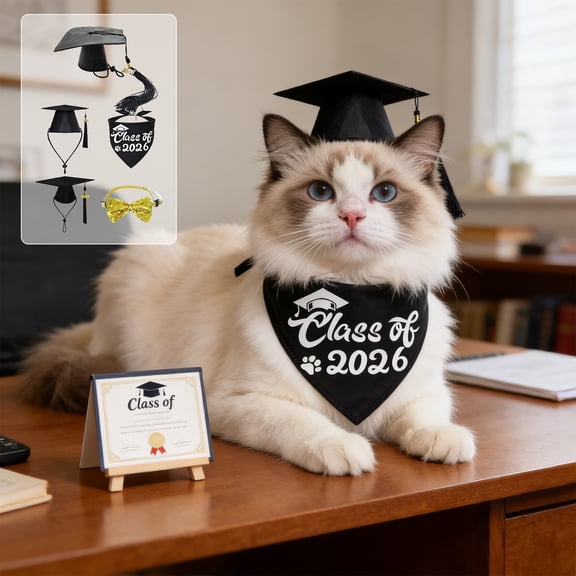 FEOLGEHLY Dog Graduation Cap Pet Graduation Hat Graduation Pet Bandana Set with Bow Tie Bib for Small Medium Dogs Cats, Adjustable Elastic Strap Dog Graduation Costume Pet Photo Prop (C)