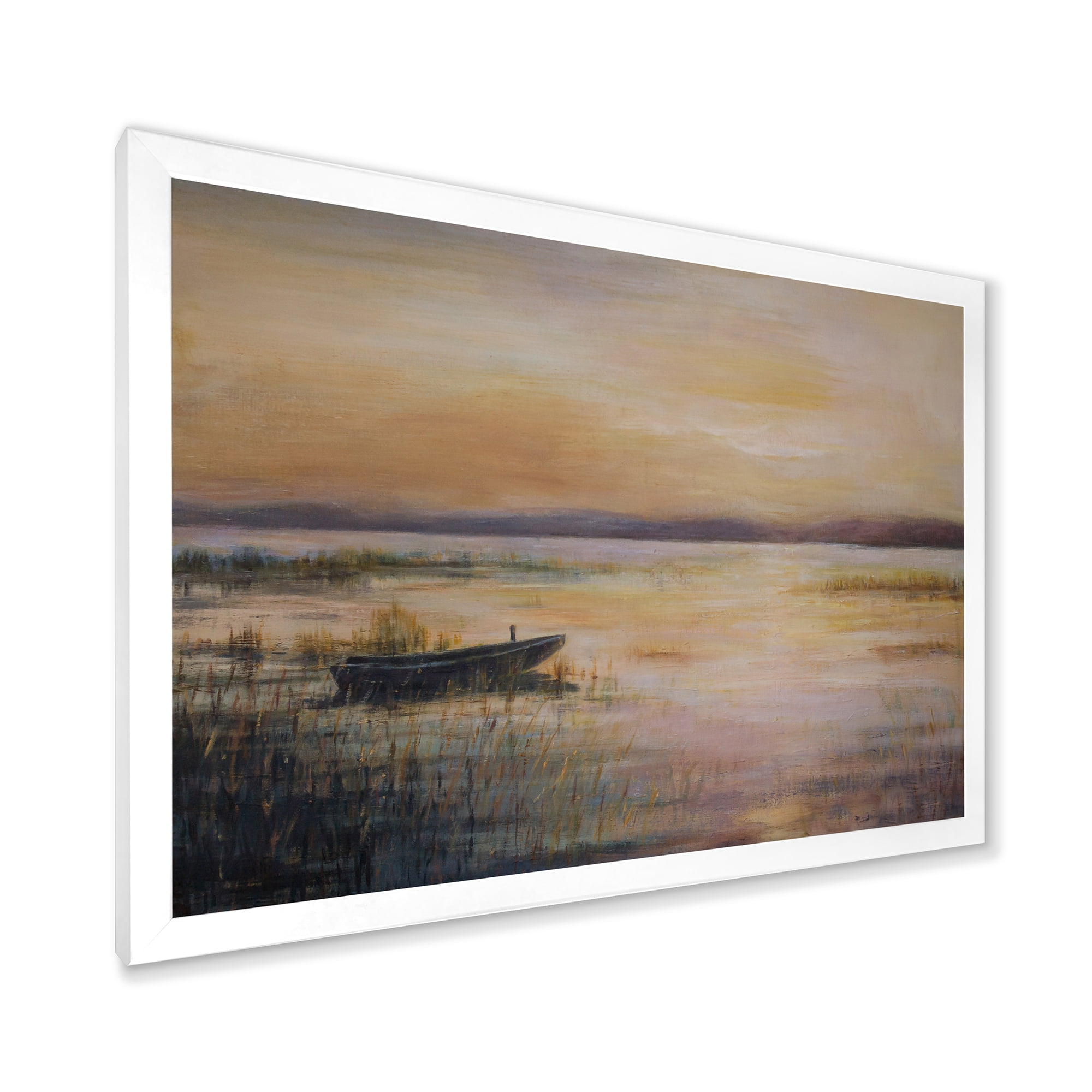 Designart 'Pastel Boat Sunset Over The Lake' Nautical & Coastal Framed Art Print