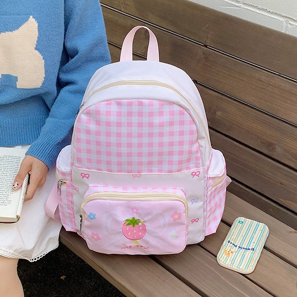 Yvsxxv Strawberry Plaid Backpack, Cute Korean Style Bow Daypack