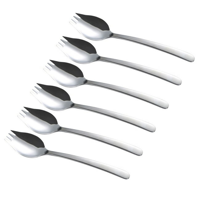 6pcs Dual Purpose Noodle Salad Spoon Fork Stainless Steel Dinner Tableware for Eating (Silver)