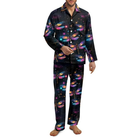 SEANATIVE Galaxy Dragonfly Pajamas Set 2 Piece Mens Button Up Pajamas Long Sleeve Pajama Set for Men Size X Small Sleepwear Pj Set Daily Loungewear Jogger Clothes