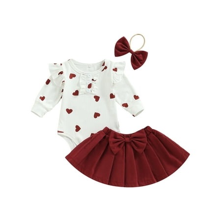 

Mieeyali Baby Girls Jumpsuits Set Valentine s Day Heart Print Long Sleeves Romper and Casual Pleated Skirt Headband Outfit