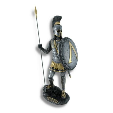 Spartan Warrior with Spear and Hoplite Shield Statue Silvered/Gold Accents