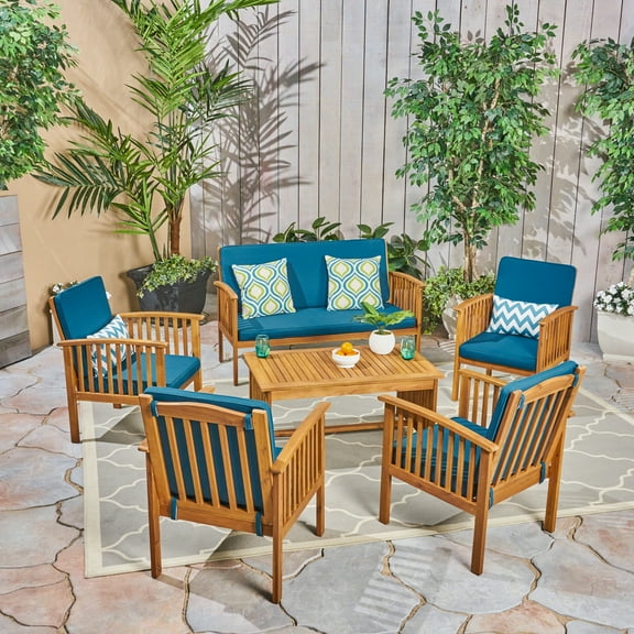 Noble House Carolina 6-Piece Outdoor Wood Conversation Set in Dark Teal/Brown