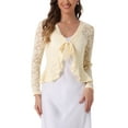 thumbnail image 1 of Cárdigan de encaje floral para mujer Inspire Chic con lazo en la parte delantera, dobladillo con volantes, bolero corto transparente, talla L, beige claro, 1 of 6