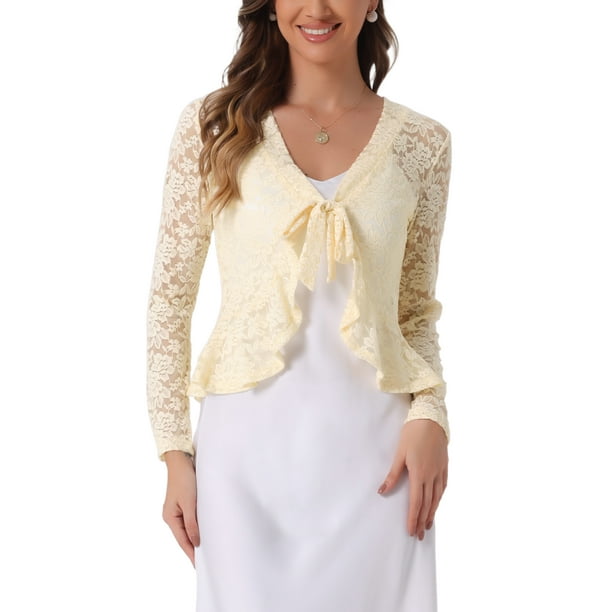 Cárdigan de encaje floral para mujer Inspire Chic con lazo en la parte delantera, dobladillo con volantes, bolero corto transparente, talla L, beige claro