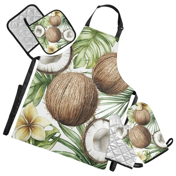 Coconuts on Green Leaves Oven Mitts and Pot Holders with Chef Apron Set 5 Pcs Kitchen Cooking Set