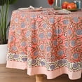thumbnail image 2 of Hand Block Printed Tablecloth, Colorful Floral Print, Indian Artisan Handmade Art, Dining Room, Kitchen, Outdoor Party Decor, 100% Cotton, (Dark Salmon Pink, 90 Inches Round, 8 Napkins), 2 of 8
