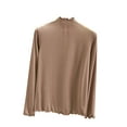 thumbnail image 3 of Jinhomg Women's Cotton Blend T Shirts 2025 Trendy Long Sleeve Mock Neck Blouse Casual Comfy Drop Shoulder Ruffle Hem Tees Dressy Solid Office Pullovers Spring Saving Today Khaki M, 3 of 7