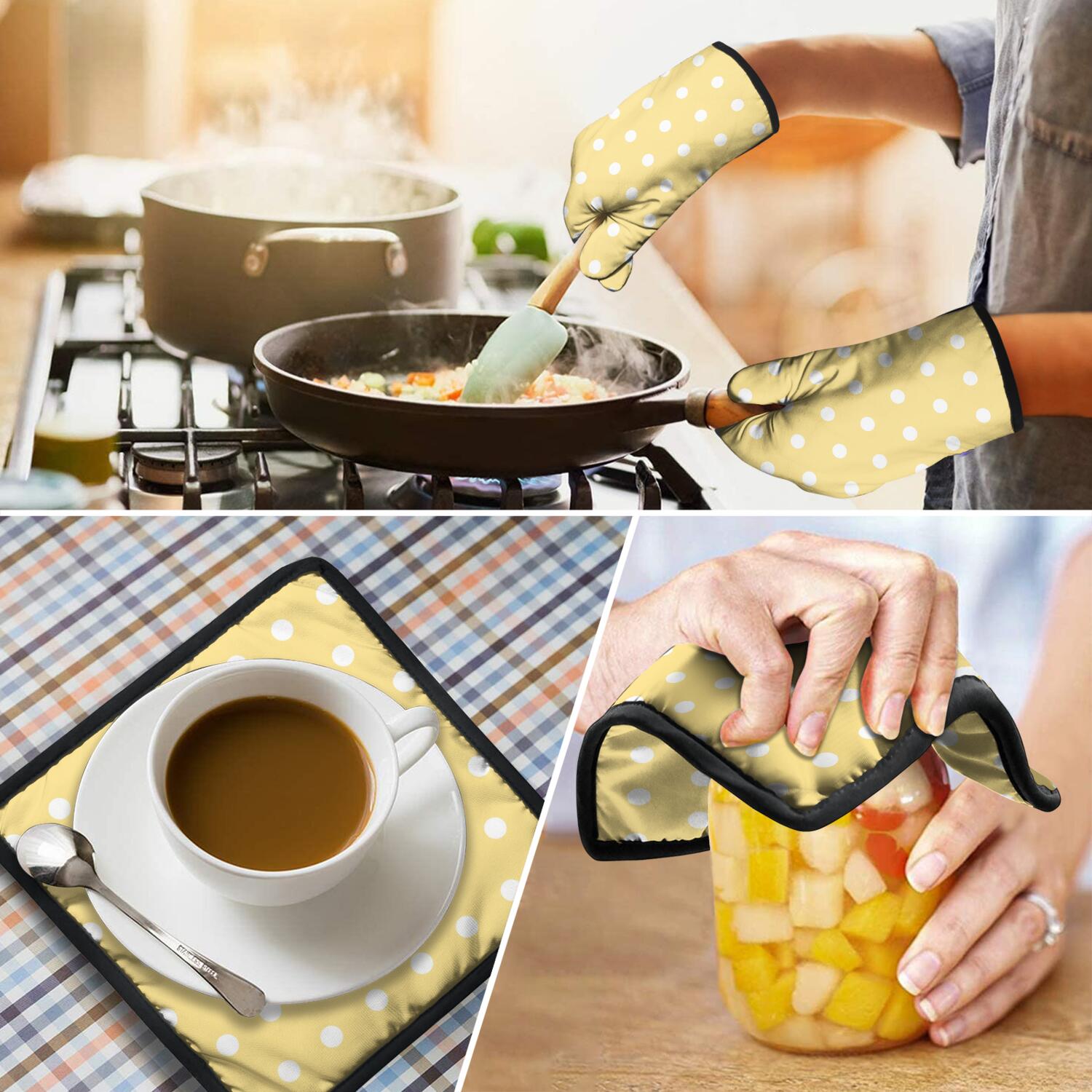 Oven Mitts and Pot Holders Set Of 4, Heat Resistant Kitchen Gloves with Non-Slip Grip, Hanging Loop, Soft Cotton Lining for Baking, Cooking, Grilling, Barbecue