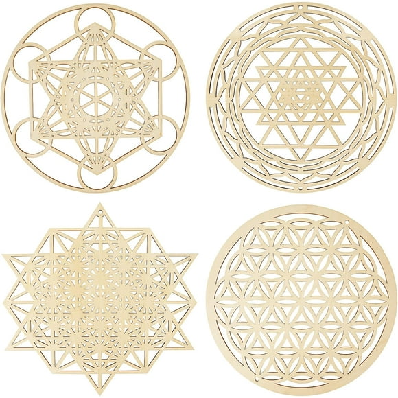 shiyou-12 Inch Sacred Geometry Wall Art 4 PCS Set, (Metatron Cube, Flower of Life, Sri Yantra, 64 Star Tetrahedron) Crystal Grid Meditation Chakra Wooden Wall Art Yoga Decor Spiritual Gifts