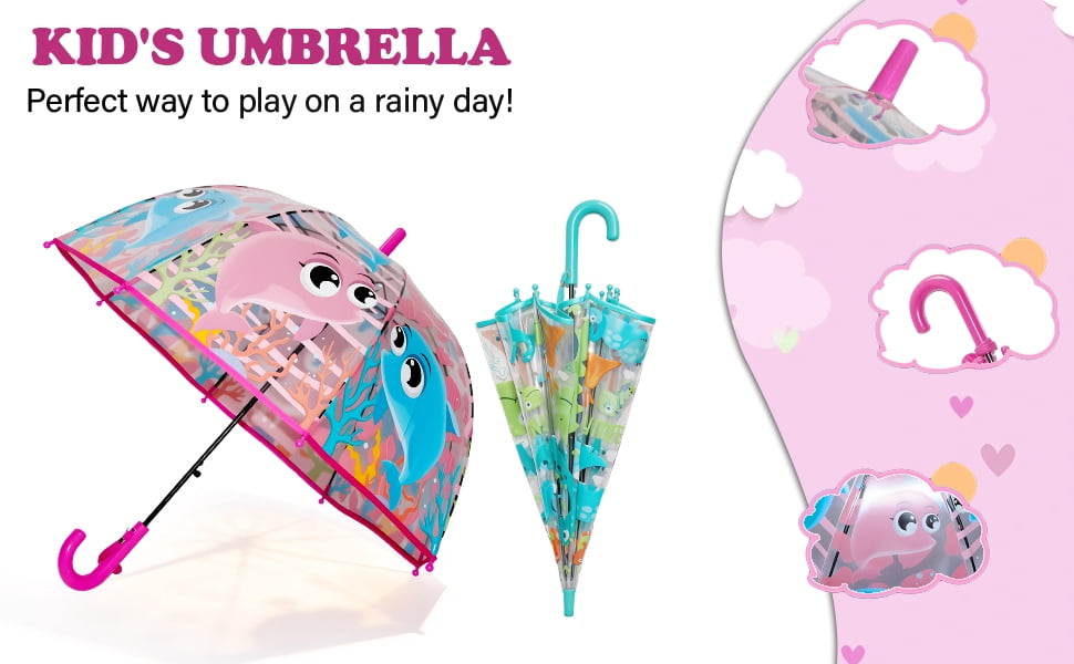 2 Pcs Kids Clear Bubble Umbrella, Unicorn Pattern with Easy Grip Curved Handle, Safe Transparent Umbrella for Toddler Girls