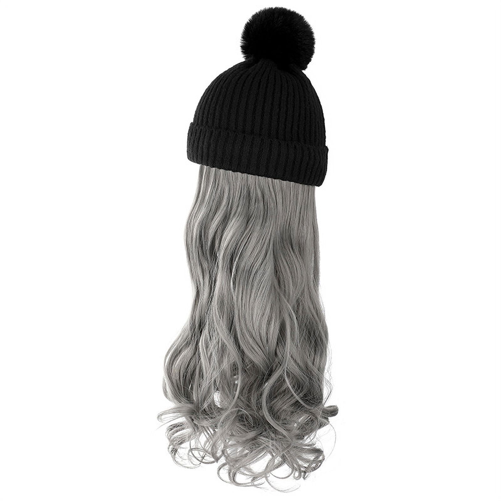 Beanie Hat Knit with Long Wavy Curly Hair Extensions Wig Dismountable Warm Knitted Pom Cap Attached 20inch Synthetic Hairpiece for Women Winter