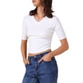 thumbnail image 4 of Camiseta básica casual de mujer con cuello en V, de manga corta, elástica y ligera, talla L, blanca, 4 of 6