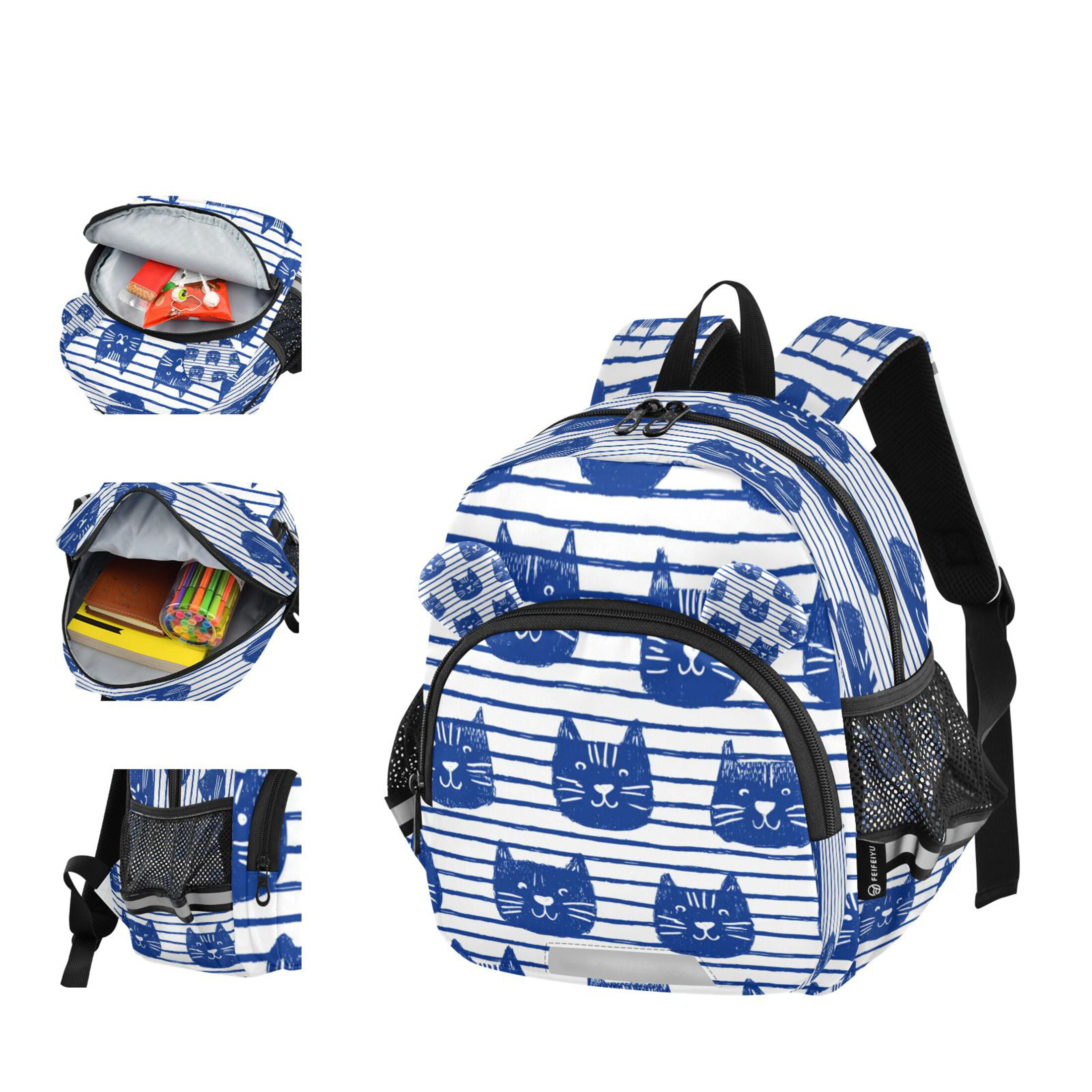 RMDQTR Adorable Ear-Print Backpack with Reflective Strip and Anti-Lost Leash Adjustable Shoulder Straps Mini Travel Backpack Cute Cat Faces in Blue