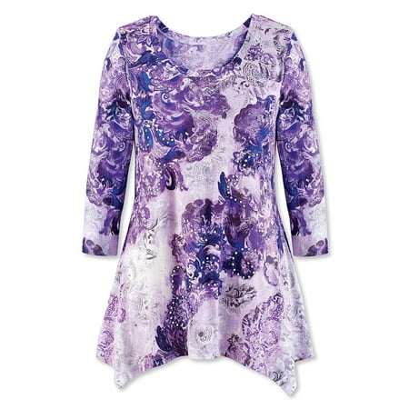 Paisley Scroll Tunic Top, Boho Chic, Three Quarter Sleeve Shirt, Shades of Purple and White