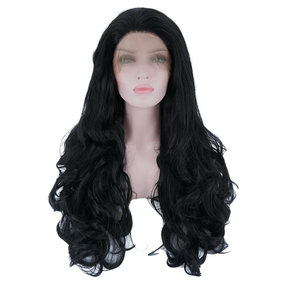 Unique Bargains Lace Front Wigs for Women 24" Black Long Body Wave with Wig Cap Heat Resistant