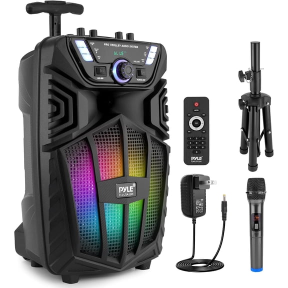 Pyle 480W Portable Bluetooth PA Speaker with Speaker Stand 8" Rechargeable Outdoor Karaoke Speaker System w/Wireless Mic, Wheels, TWS, Party Lights, LED Display, 6.5mm Mic Input, FM/AUX/MP3/USB/SD