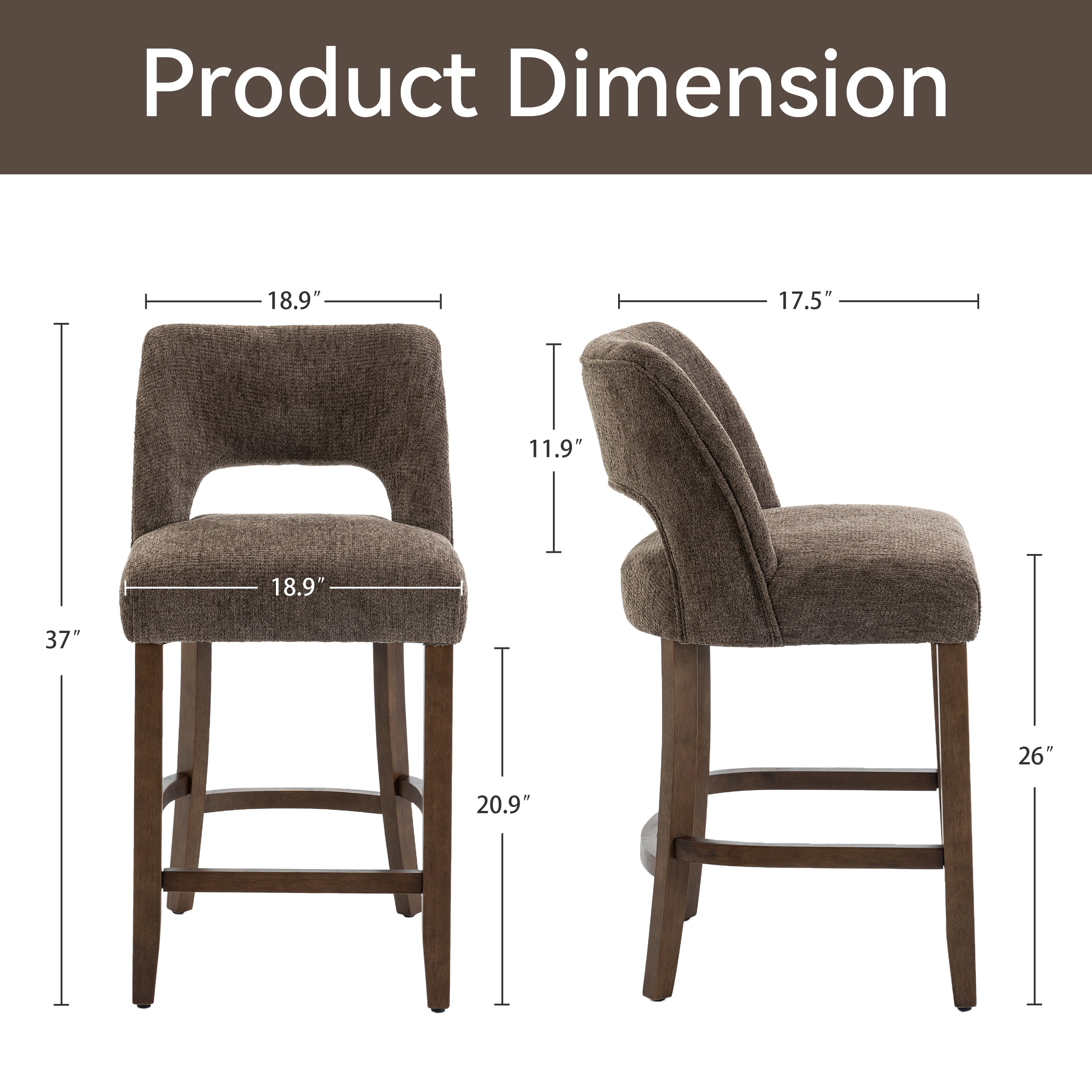 Vknow Furniture Bar Stools Set of 4, 26" Upholstered Counter Height Bar Stools, Modern Counter Stools with Wood Legs for Kitchen Island Dining Room Bar,Brown