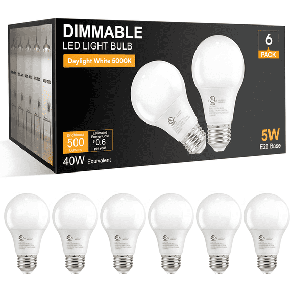 DAYBETTER Dimmable LED Light Bulbs 40 Watt Equivalent, E26 Base A19 Standard LED Bulbs, Soft Warm White 5000K Lightbulbs, 5W Energy Saving Light Bulbs for Home, 500 LM, 80+ CRI, 120V, UL, 6 Pack