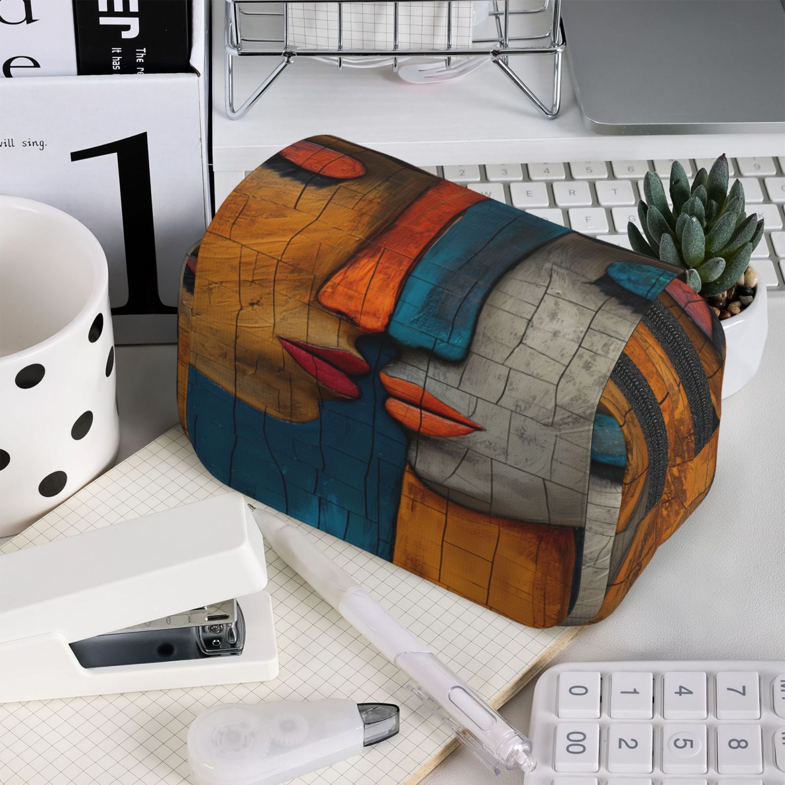 Rateoe Abstract Colorful Duality Pattern Double Clamshell Pen Case, Storage Organizer with Two Zipper Compartments– Holds Up to 50 Pencils & Pens