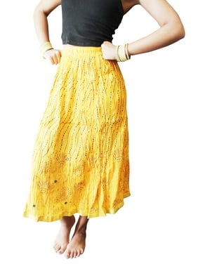 Mogul Women Yellow Handmade Summer Skirt Crinkle Bohemian Beach Skirts SM