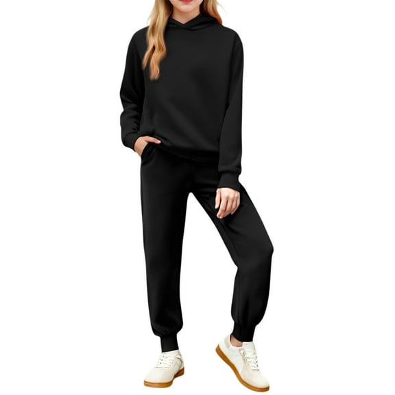 CCRFTGI Girls Sweat Suit 2 Piece Athletic Outfits Causal Long Sleeve Sweatsuit Fall Fashion Solid Color Hoodies and Jogger Sweatpants Black 7-8Y
