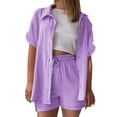 thumbnail image 4 of QGJZVUNL Cotton Linen 2 Piece Sets for Women Summer Clothes Short Sleeve Button Down Shirts and Drawstring Shorts Lounge Outfits Size XL, 4 of 6