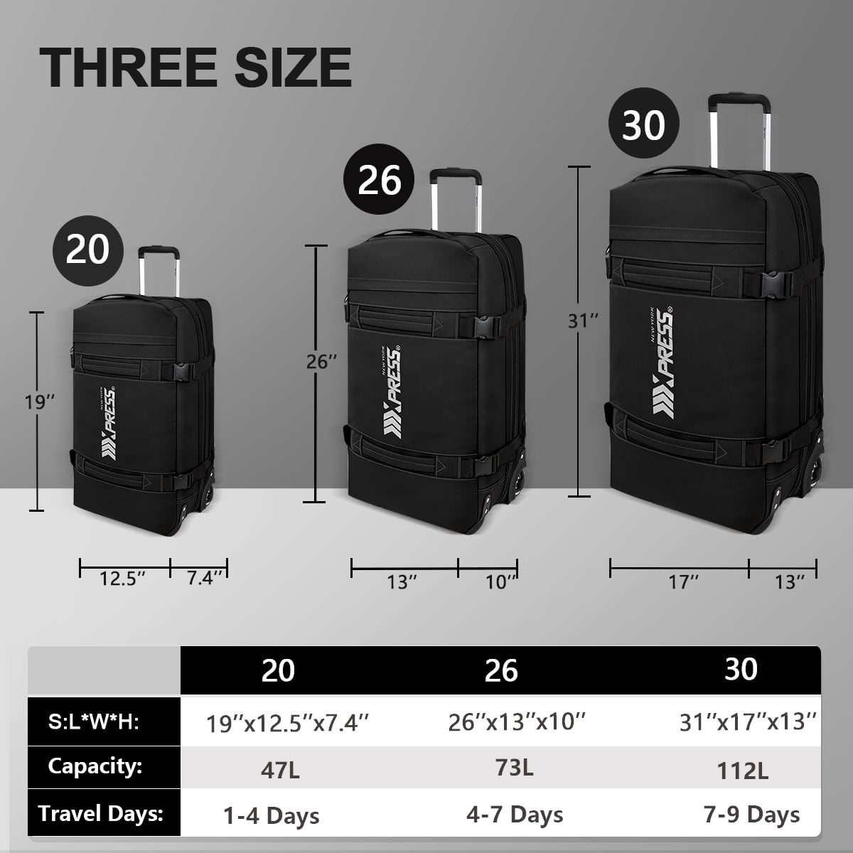 3 Piece Softside Luggage Set, Heavy-Duty Water-Resistant Softshell Suitcase with Wheels, 20"/26"/30" Lightweight Rolling Luggage Bag, Black,TA510
