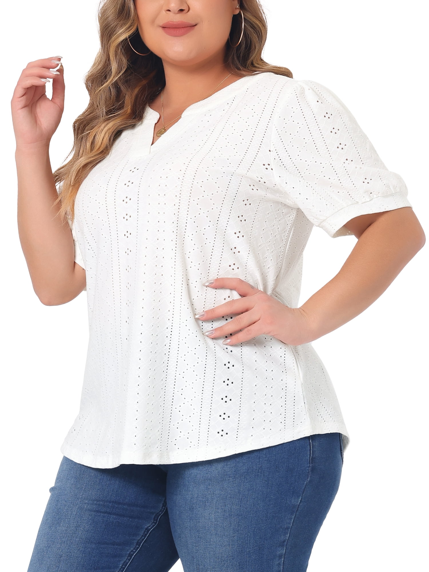 Women's Plus Tops Hollow Casual V Neck Short Sleeve Summer Blouse Shirts 6X White
