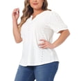thumbnail image 2 of Women's Plus Tops Hollow Casual V Neck Short Sleeve Summer Blouse Shirts 1X White, 2 of 6