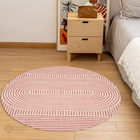 5X5 Wool Rug, Red and Cream Color, Bedroom, Living Room, Round Carpet, Geometric Wool, Area Rugs