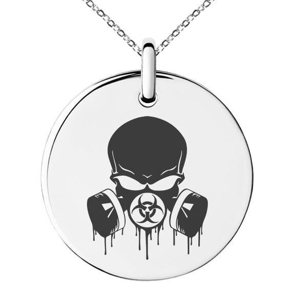 Stainless Steel Biohazard Skull Gas Mask Engraved Small Medallion Circle Charm Pendant Necklace
