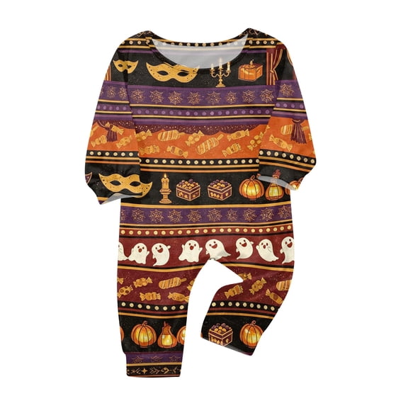Matching Family Halloween Sleepwear Set Graphic Ghost and Pumpkin Print Long Sleeve Top and Pants Holiday Loungewear