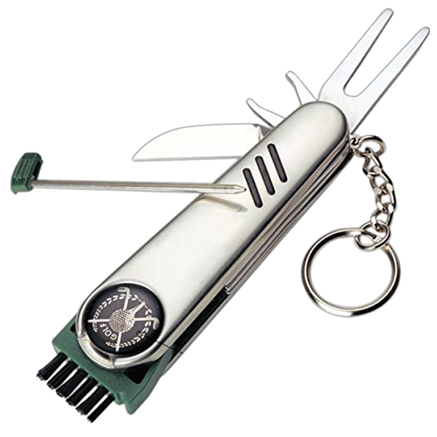 Deco Essentials Stainless Steel 7-in-1 Multi-Function Golf Tool - Save Space and Time as you Fix Divots, Clean Clubs, Keep Score, Mark Your Spot, and Play