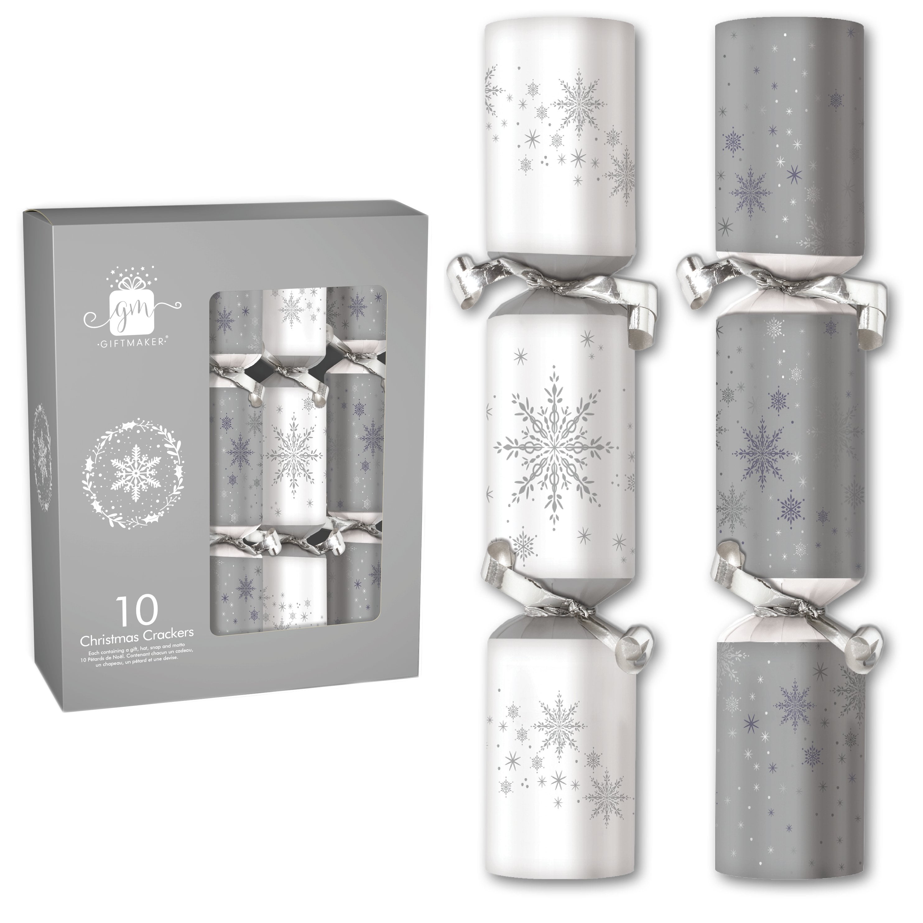Box of 6 Christmas Crackers White and Silver Snowflakes 