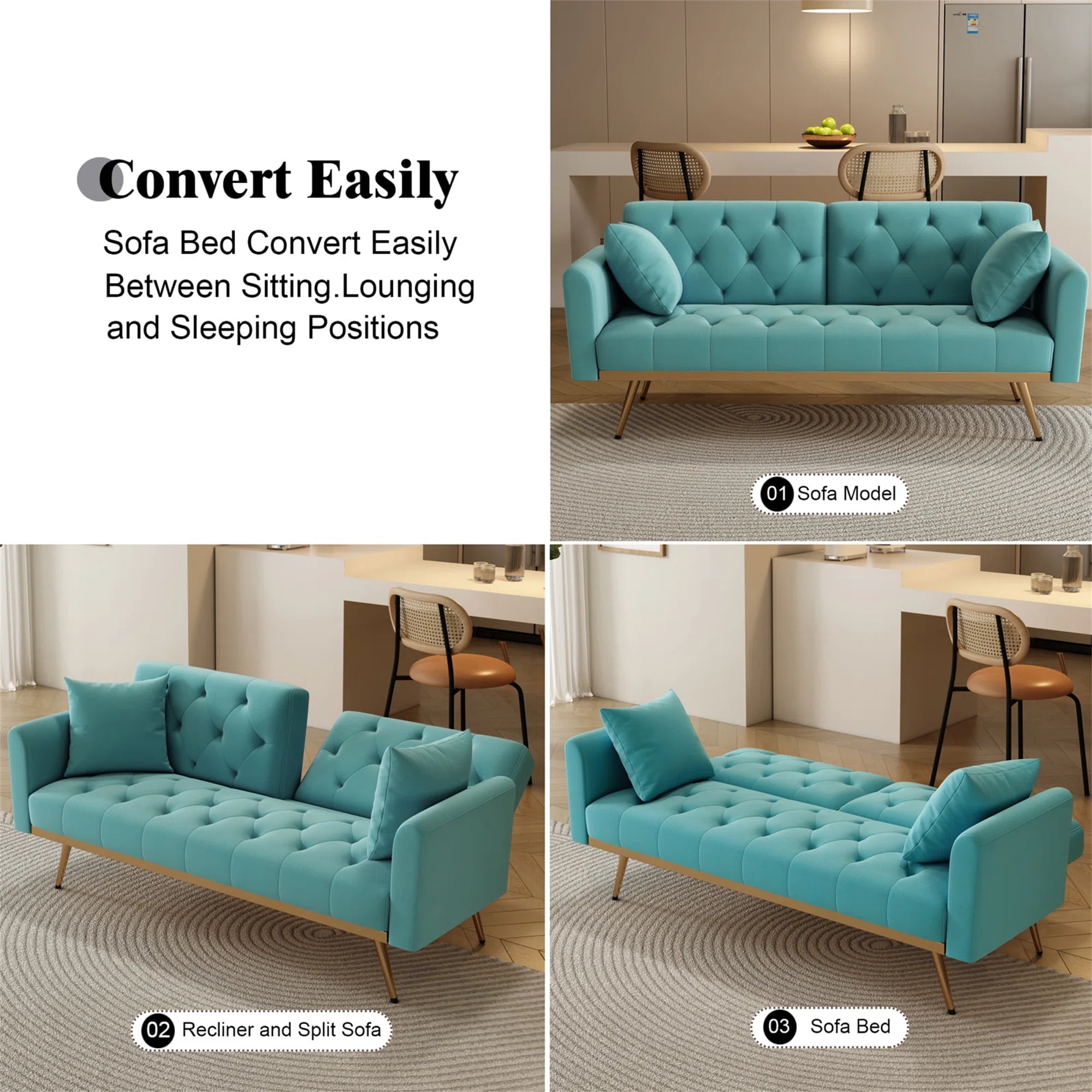 Aukfa Velvet Futon Convertible Sofa Bed for Home Office, 2 Pillows, Upgraded Metal Base, Teal